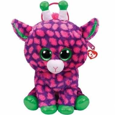 Knuffel kinder rugzakje/gymtas ty beanie giraffe gilbert paarse 15 x 24 cm voor jongens/meisjes/kinderen
