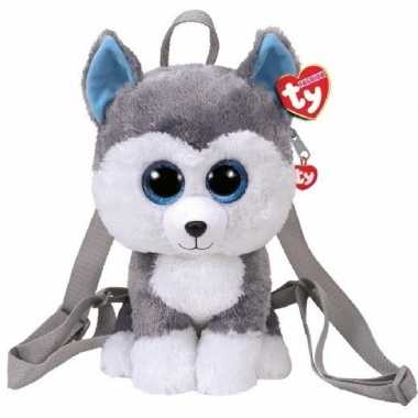 Knuffel kinder rugzakje/gymtas ty beanie husky slush grijs 15 x 24 cm