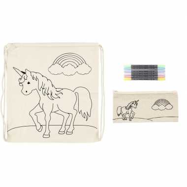 Knutselset gymtas eenhoorn met textielstiften en etui